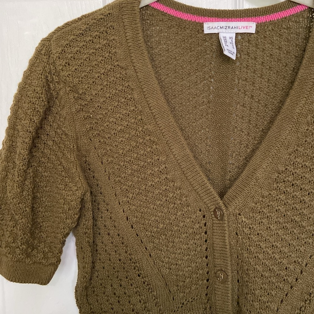 2 Isaac Mizrahi Olive Button Sweater Cardigan - Short Sleeve Open Weave, Peplum - Picture 9 of 14